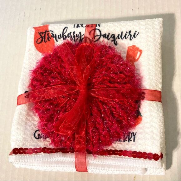 STRAWBERRY DAIQUIRI Bar Keeper Towel and Countertop Dish Glass Scrubby Gift Set - Picture 2 of 7